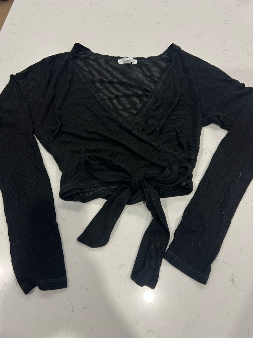 Ribbed Black Tie-Front Crop Top - Long Sleeve
